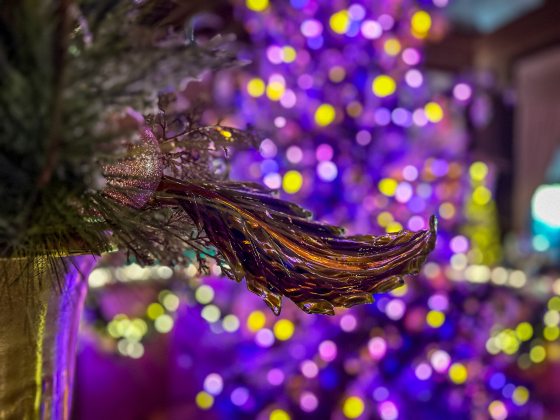 A glass blown botanical leaf on display in the Music Room at Longwood Gardens.